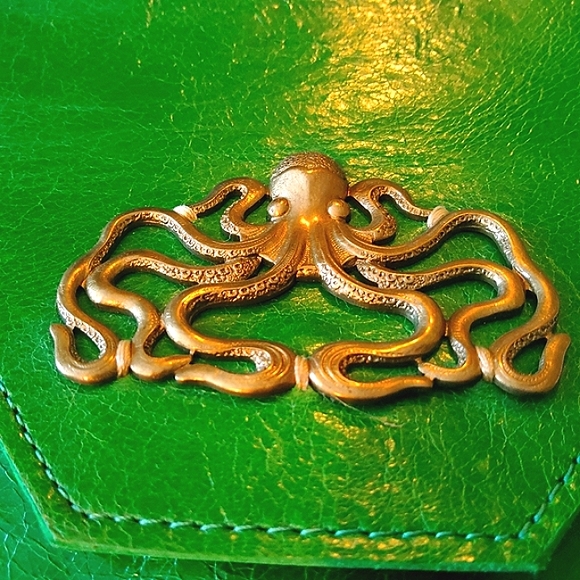Vintage Handbags - French Green Leather Octopus Envelope Bag - Vintage